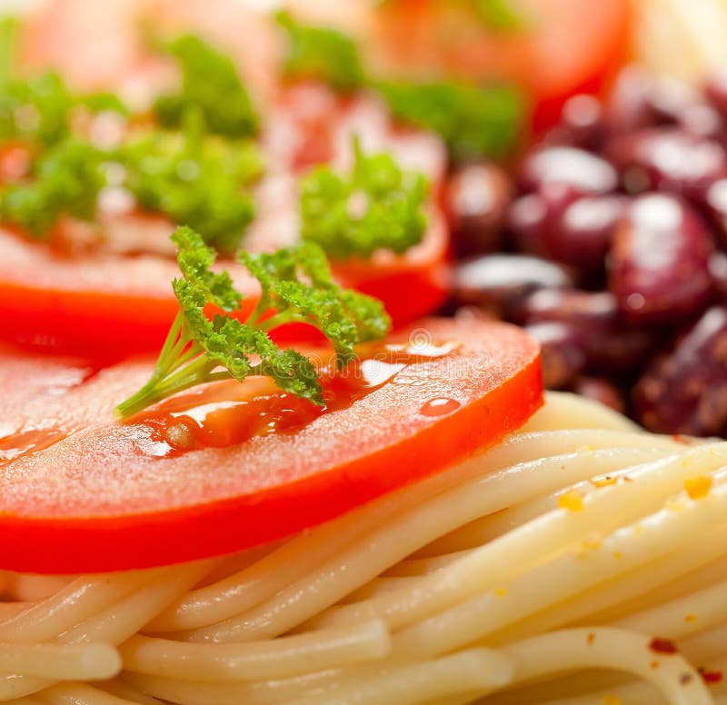 Pasta with Baked Beans and Fresh Red Tomatoes. Stock Photo Image of
