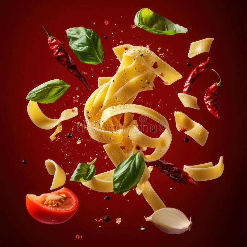 Pasta, Basil, Tomato, Garlic, Chili Pepper Recipe Stock Illustration