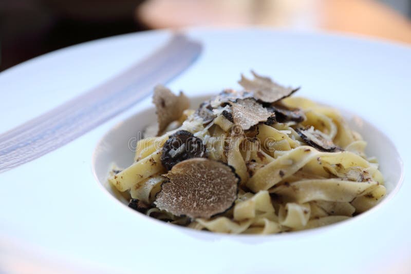 pasta with black truffles on a plate , Italian food. pasta with black truffles on a plate , Italian food