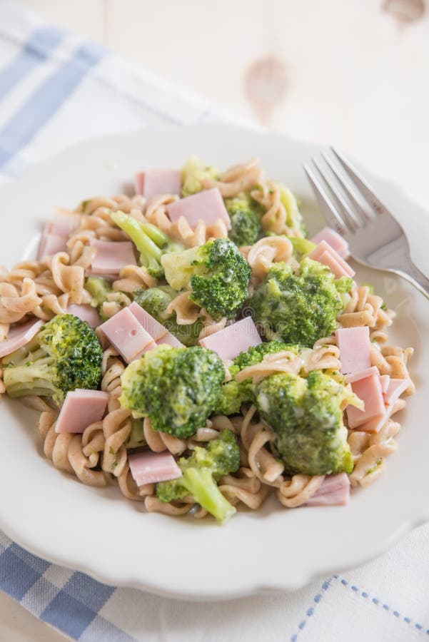 Pasta with Brokkoli and Ham Stock Photo Image of plate, meal 74589300