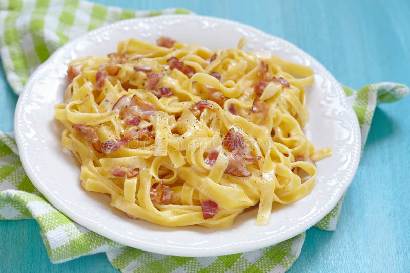 Pasta Carbonara with Ham and Cheese Stock Photo Image of cooked