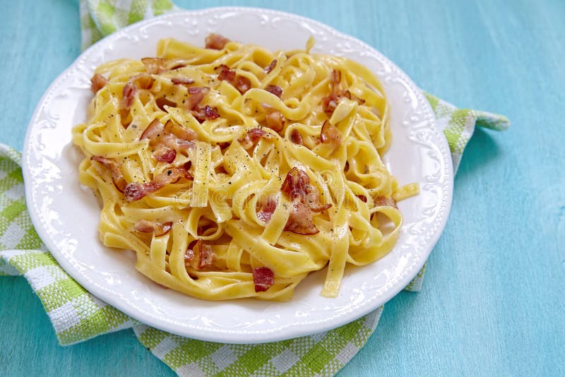 Pasta Carbonara with Ham and Cheese Stock Photo - Image of cooked ...