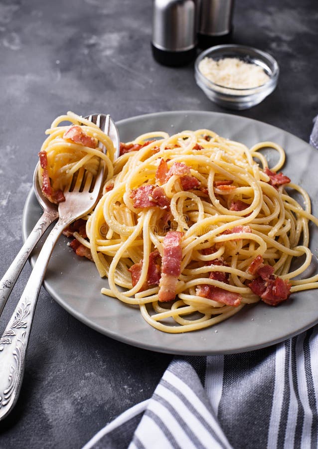Pasta Carbonara with Bacon and Parmesan Stock Image Image of space