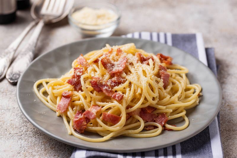 Carbonara Pasta. Spaghetti with Bacon, Egg, Parmesan Cheese and Cream