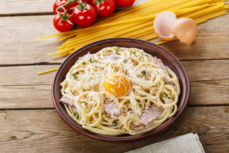 Pasta Carbonara on a Plate with Egg Yolk Stock Photo Image of spice
