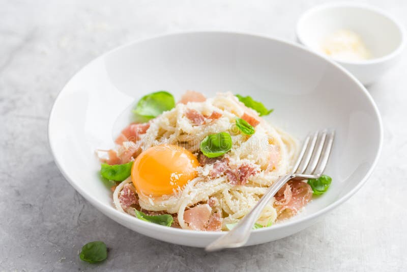 Pasta Carbonara with Prosciutto, Parmesan Cheese and Eggs Yolk Stock