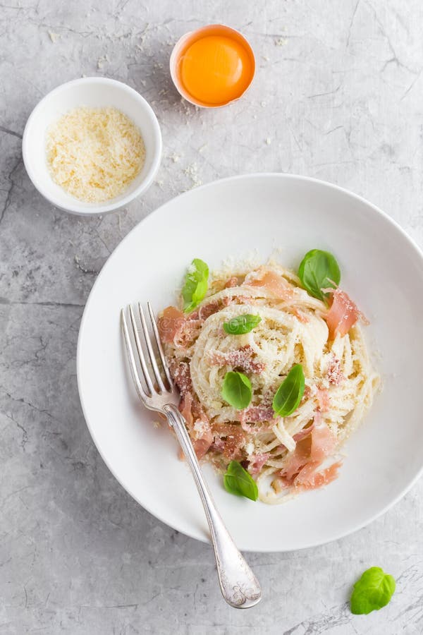 Pasta Carbonara with Prosciutto, Parmesan Cheese and Eggs Yolk Stock