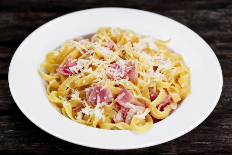 Pasta Carbonara with Tagliatelle Spaghetti with Bacon, Egg York Stock