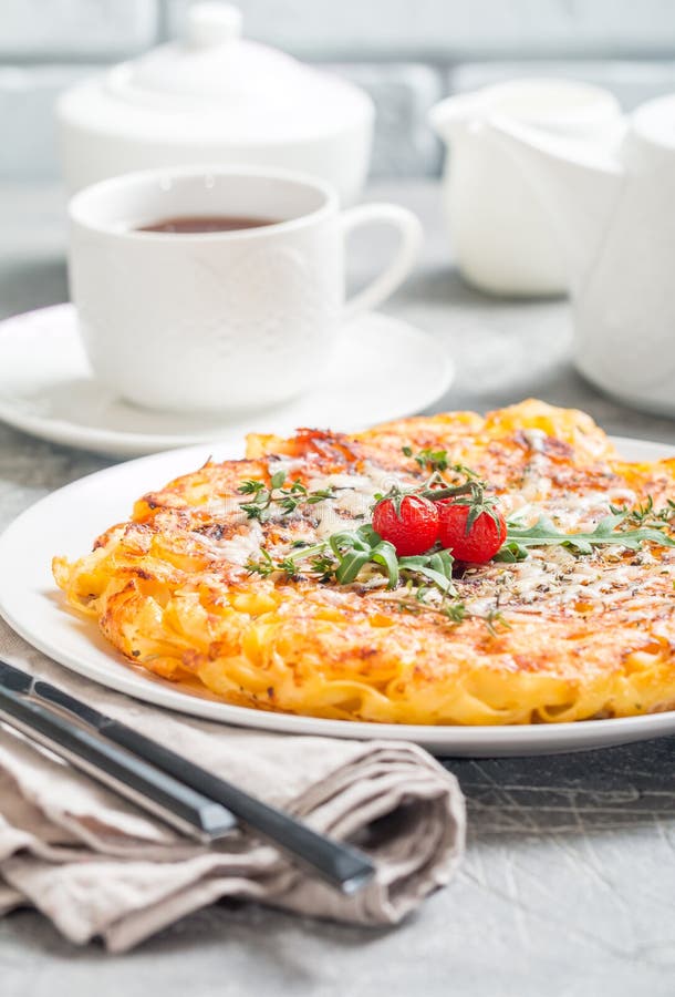 Pasta Casserole with Eggs, Sundried Tomato and Cheese Stock Photo