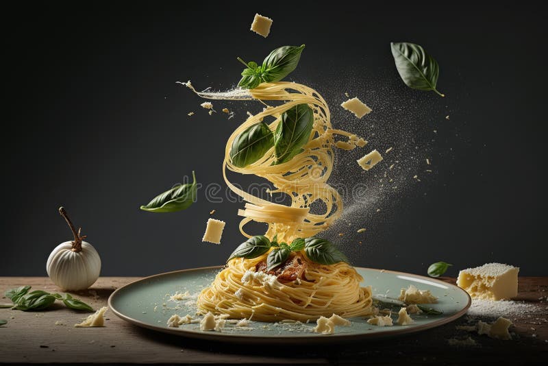 Pasta with Cheese Plate Sitting on a Table and Parmesan is Falling on