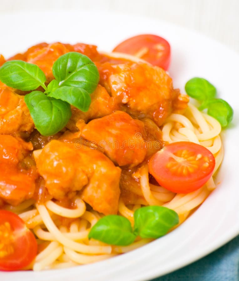 Pasta with Chicken Breast in Tomato Sauce Stock Image Image of leaf