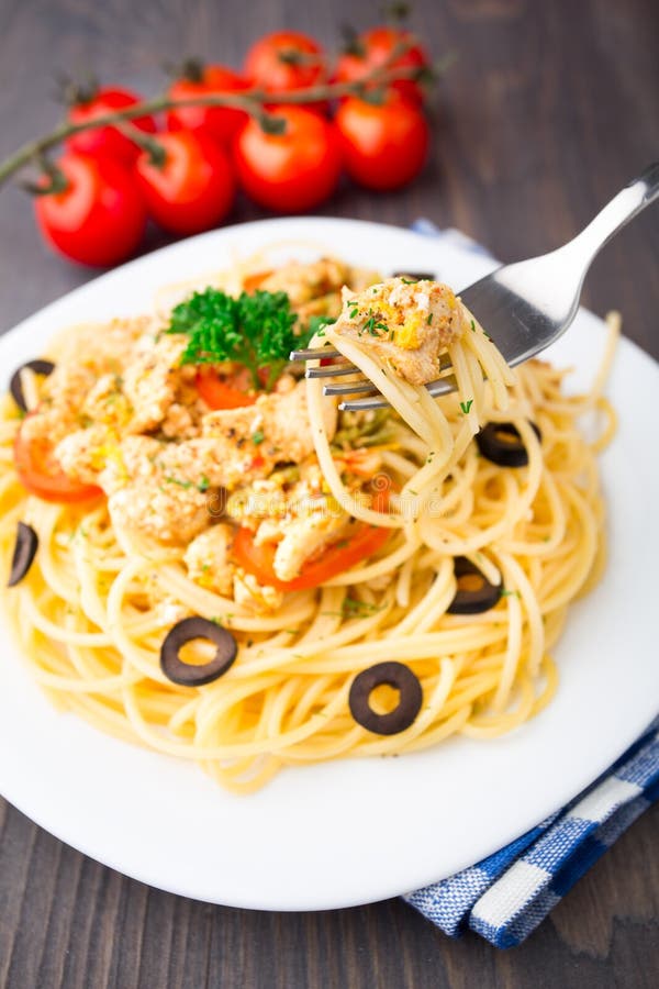 Pasta with chicken brest stock photos