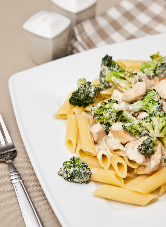 Pasta with Chicken and Broccoli Dish Stock Photo Image of cream