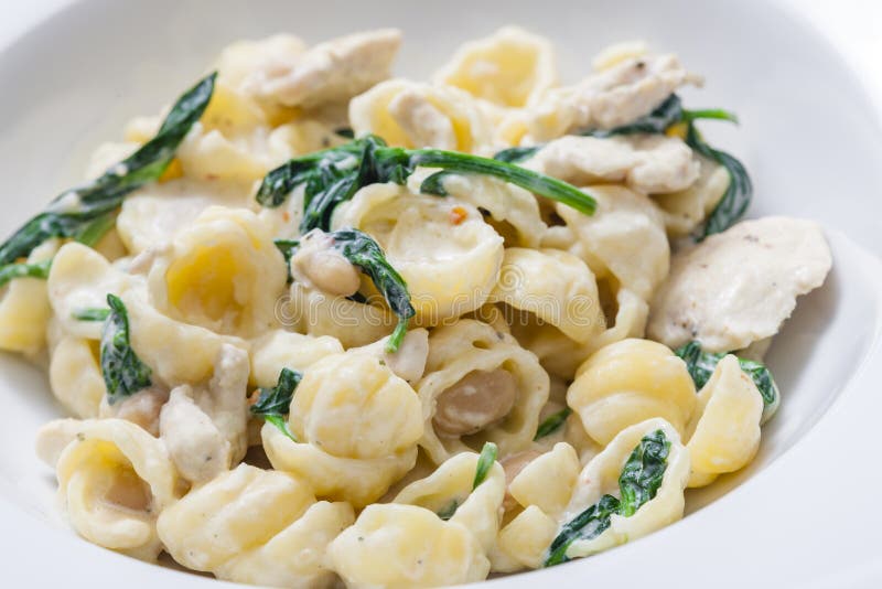 Pasta with Chicken Meat, Spinach and Chick Peas Stock Image Image of