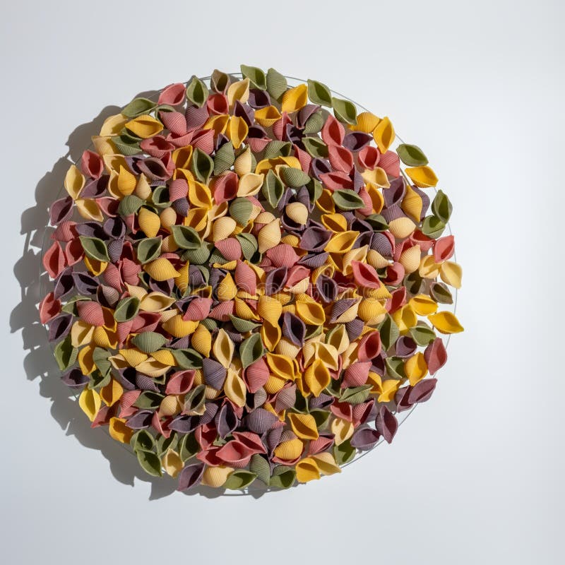 Pasta Conchiglie Rigate in plate, mix of colorful uncooked shells with spinach and tomatoes. Textured Italian food concept royalty free stock photography Pasta Conchiglie Rigate in plate, mix of colorful uncooked shells with spinach and tomatoes. Textured Italian food concept royalty free stock photography