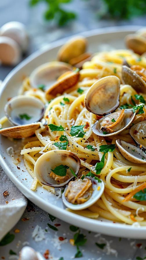 Pasta deliziosa con vongole e erbe fresche su piastra royalty illustrazione gratis