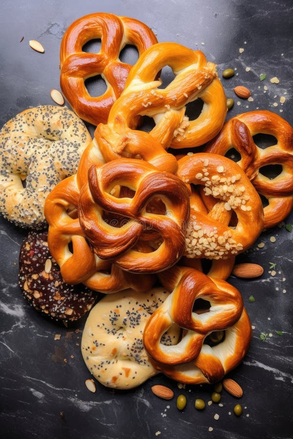 Pasta di pretzel cotta con vari capi su una tavola di marmo fotografia stock