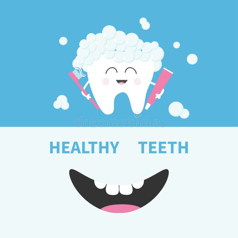 Pasta e spazzola sane della tenuta del dente Schiuma delle bolle Bocca sorridente Priorità bassa della bandiera Set Personaggio d royalty illustrazione gratis Pasta e spazzola sane della tenuta del dente Schiuma delle bolle Bocca sorridente Priorità bassa della bandiera Set Personaggio d royalty illustrazione gratis
