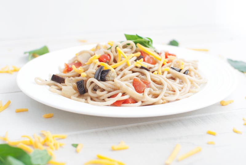 Pasta with Eggplant, Cherry Tomatoes and Garlic Stock Photo Image of