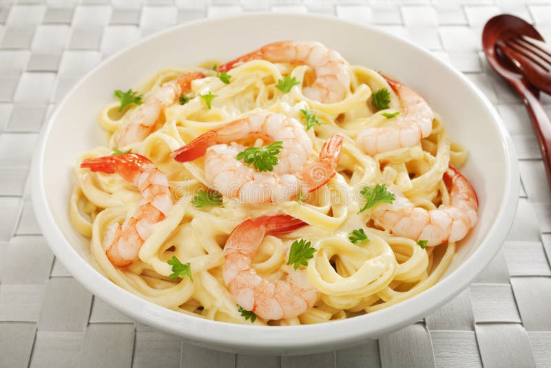 Pasta Fettucine Alfredo with Shrimp or Prawns Stock Image - Image of ...