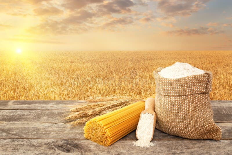 Crudo trigo trigo, grano integral harina en bolsa a cucharón sobre el mesa maduro sobre el.