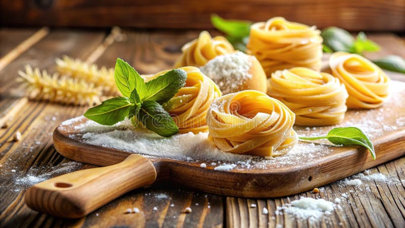 Pasta fresca fatta in casa su un consiglio di legno di Rustic, una deliziosa creazione culinaria italiana per un pasto a domicilio illustrazione vettoriale