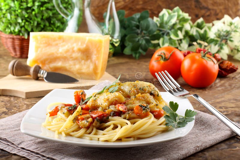 Pasta with fresh grouper fillet stock images