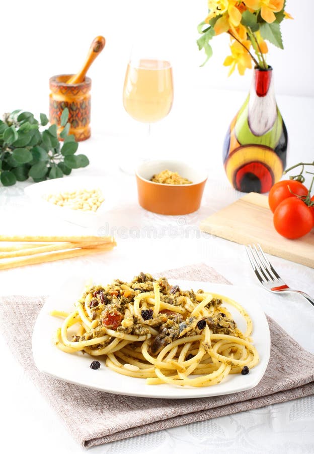 Pasta with fresh sardines and fennel royalty free stock photo