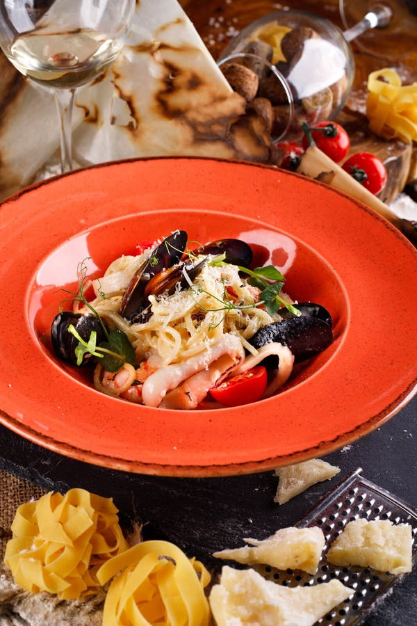 Pasta with Fresh Seafood, Ingredients for Cooking Stock Image Image
