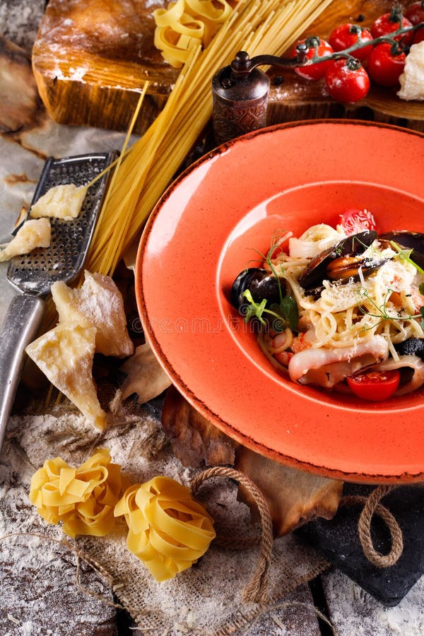 Pasta with Fresh Seafood, Ingredients for Cooking Stock Photo Image