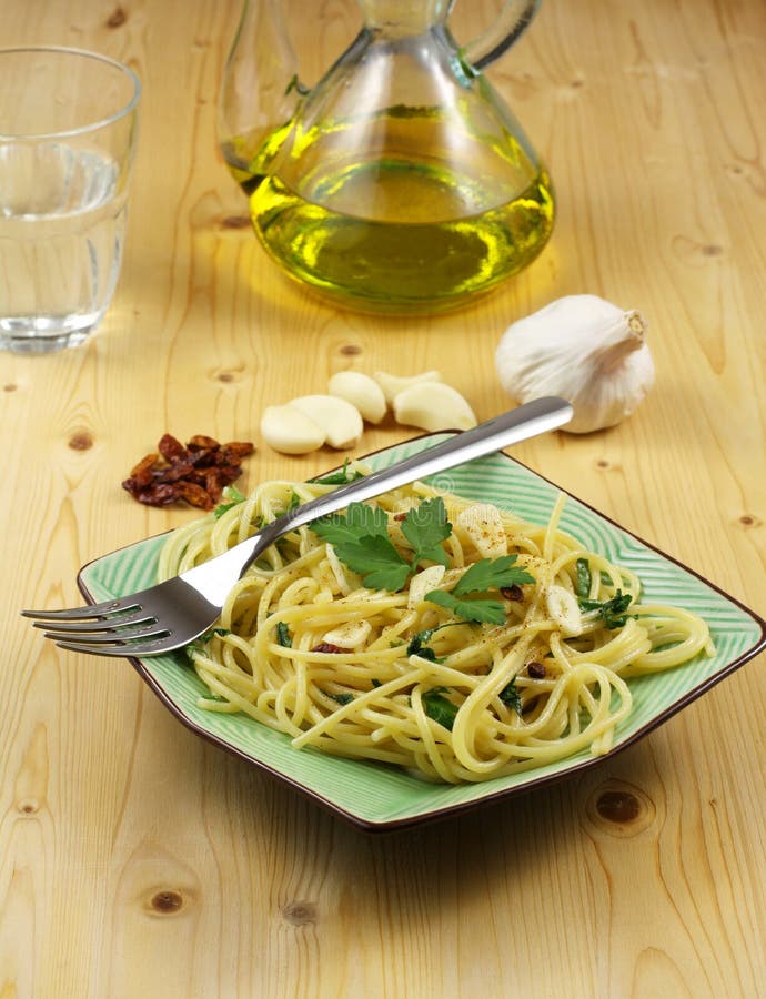 Pasta with Garlic, Oil, Chilli Stock Photo Image of fork, nutrition
