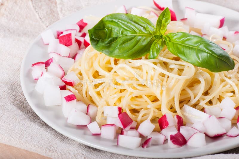 Pasta Garnish with Radish and Basil Stock Photo Image of dinner