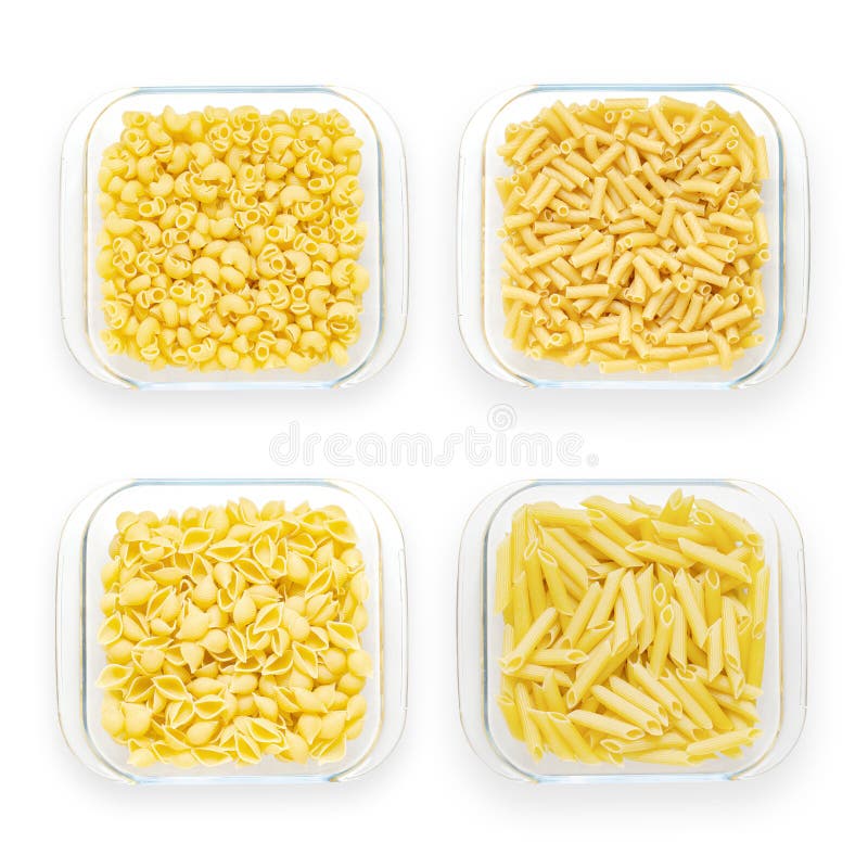 Pasta in Glass Plates. Isolated on White. Collage. Stock Image Image
