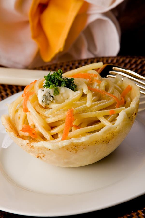 Pasta with Gorgonzola Sauce Inside Parmesan Waffle Stock Photo - Image ...