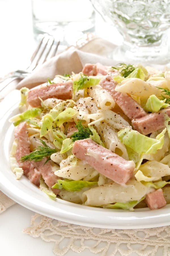 Pasta with Ham and Iceberg Lettuce Stock Image Image of closeup
