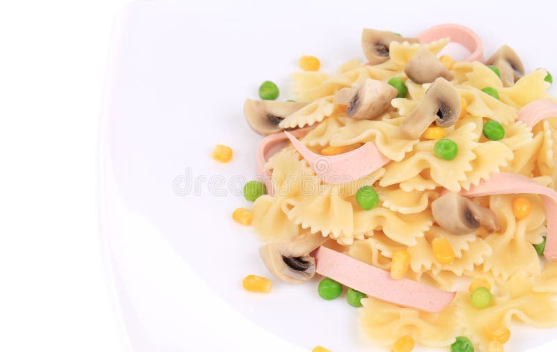 Pasta with Ham and Mushrooms. Stock Photo Image of boiled, cooked