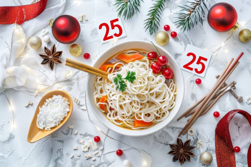 Pasta Macaroni 2025 Numbers, Noodles New Year Greeting Card, Spaghetti Celebrate Banner, Pasta