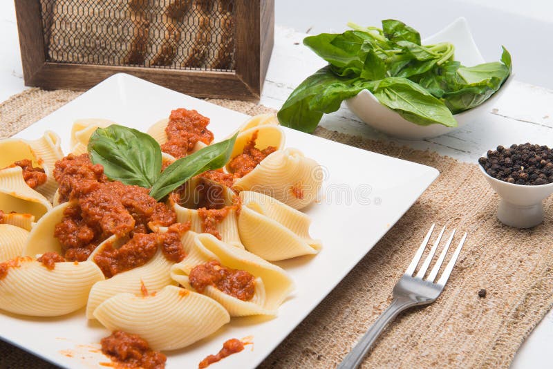 Pasta with Meat, Tomato, Sauce and Vegetables Stock Image Image of