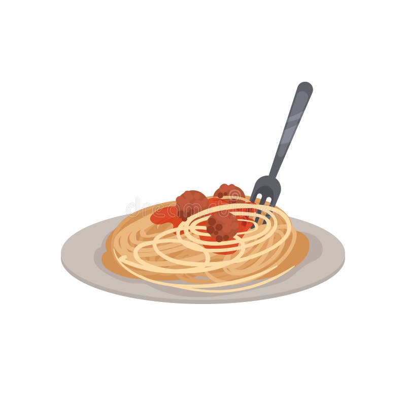 Pasta with meatballs on a plate. Vector illustration.