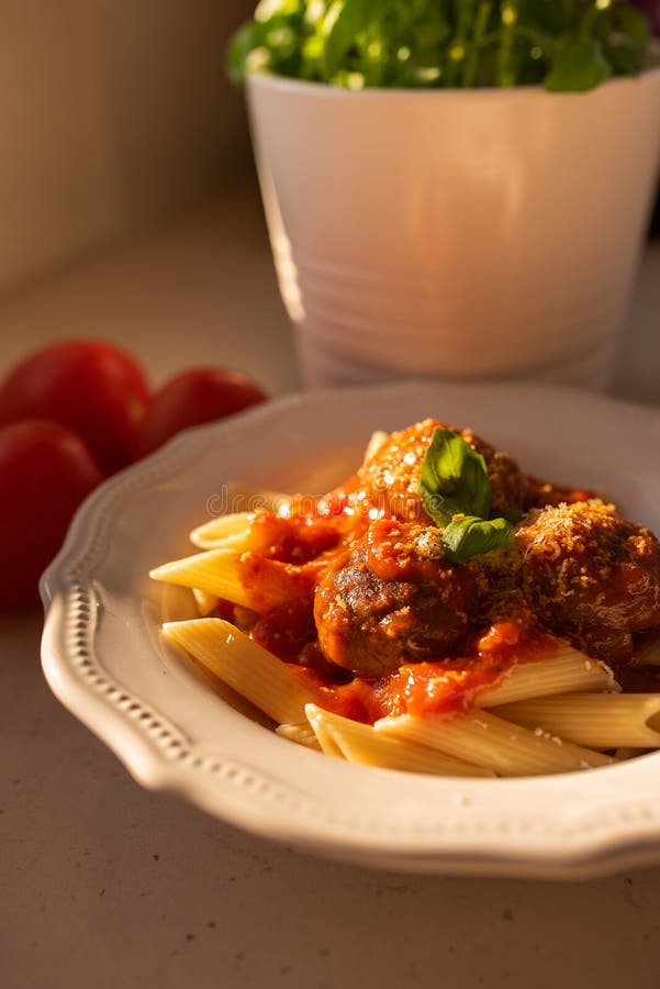 Pasta with Meatballs and Sauce Bolognese Stock Photo Image of cheese