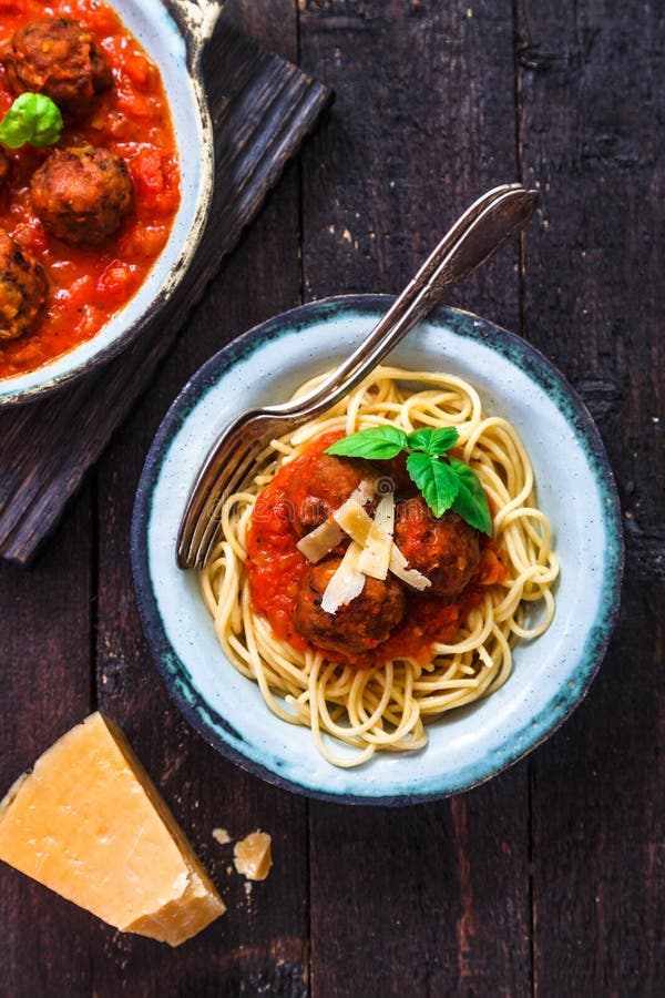 Pasta with Meatballs and Tomato Sauce and Cheese, Top View, Rustic