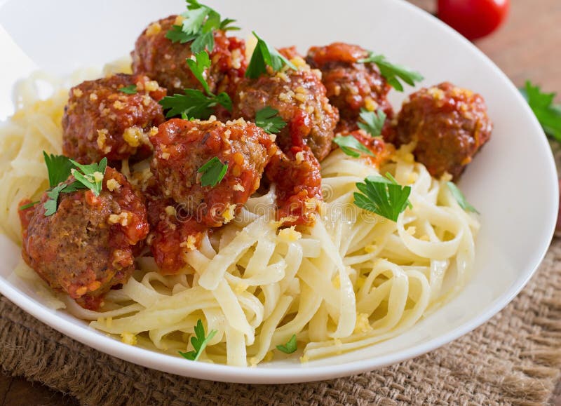 Pasta with Meatballs in Tomato Sauce. Stock Image - Image of close ...