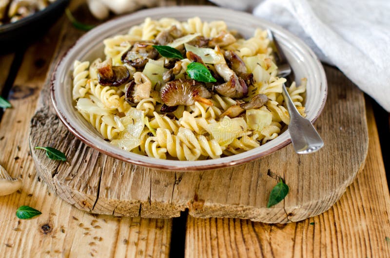 Pasta with Mushrooms, Cabbage Stock Image Image of onions, fusili