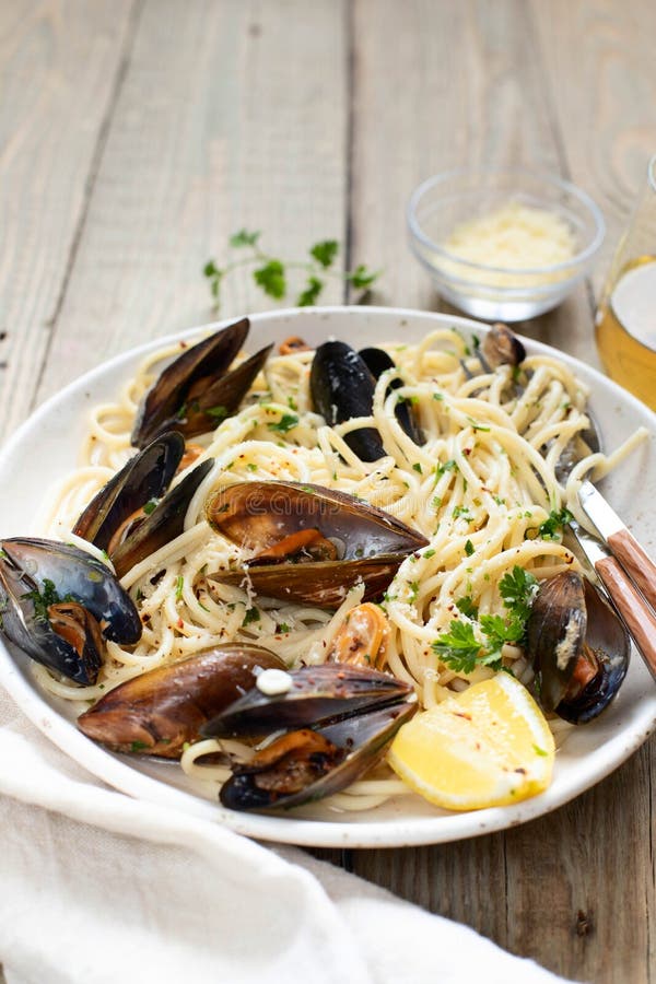 Pasta with Mussels. a Traditional Dish of Mediterranean Cuisine Stock