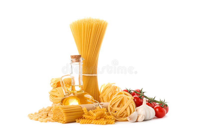 Pasta, olive oil, tomatoes and garlic isolated on white background stock photo Pasta, olive oil, tomatoes and garlic isolated on white background stock photo