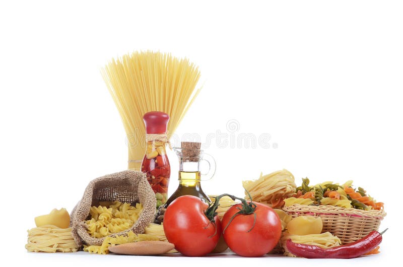 Pasta with an olive oil and tomatoes isolated