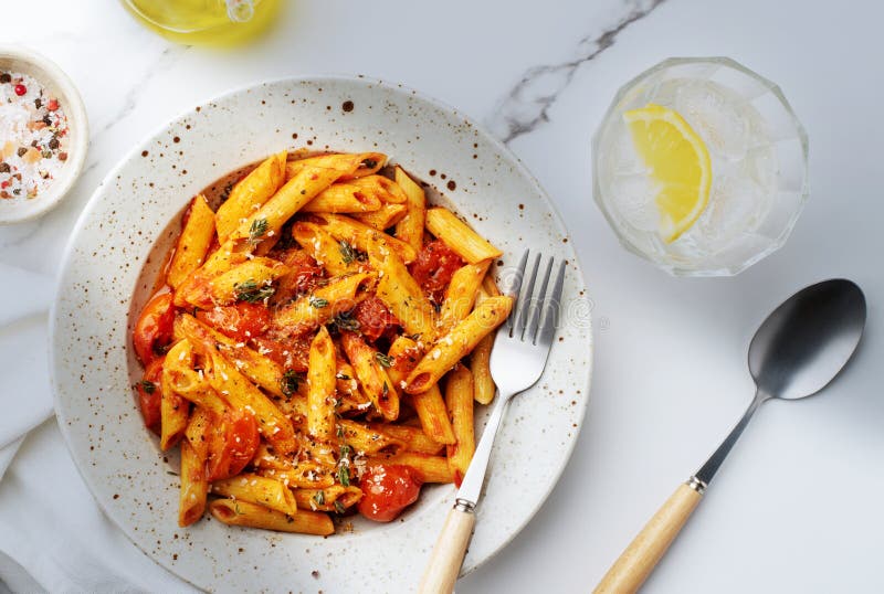 Pasta Penne with Roasted Tomato, Sauce, Parmesan Cheese. Top View Stock ...