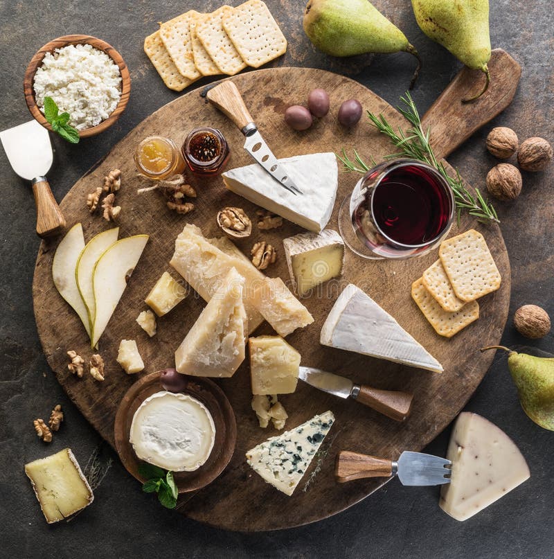 Pasta per formaggio con diversi formaggi frutta a guscio e vino su fondo di pietra. vista dall'alto. formaggio di starter fotografia stock libera da diritti