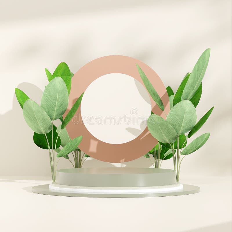 Pasta per l'esposizione di prodotti in fase di rendering 3d decorata con foglie su entrambi i lati con fondo bianco royalty illustrazione gratis