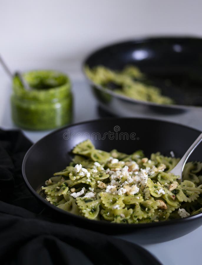 Pasta with Pesto.Cooking Process Step by Step in the Kitchen Stock